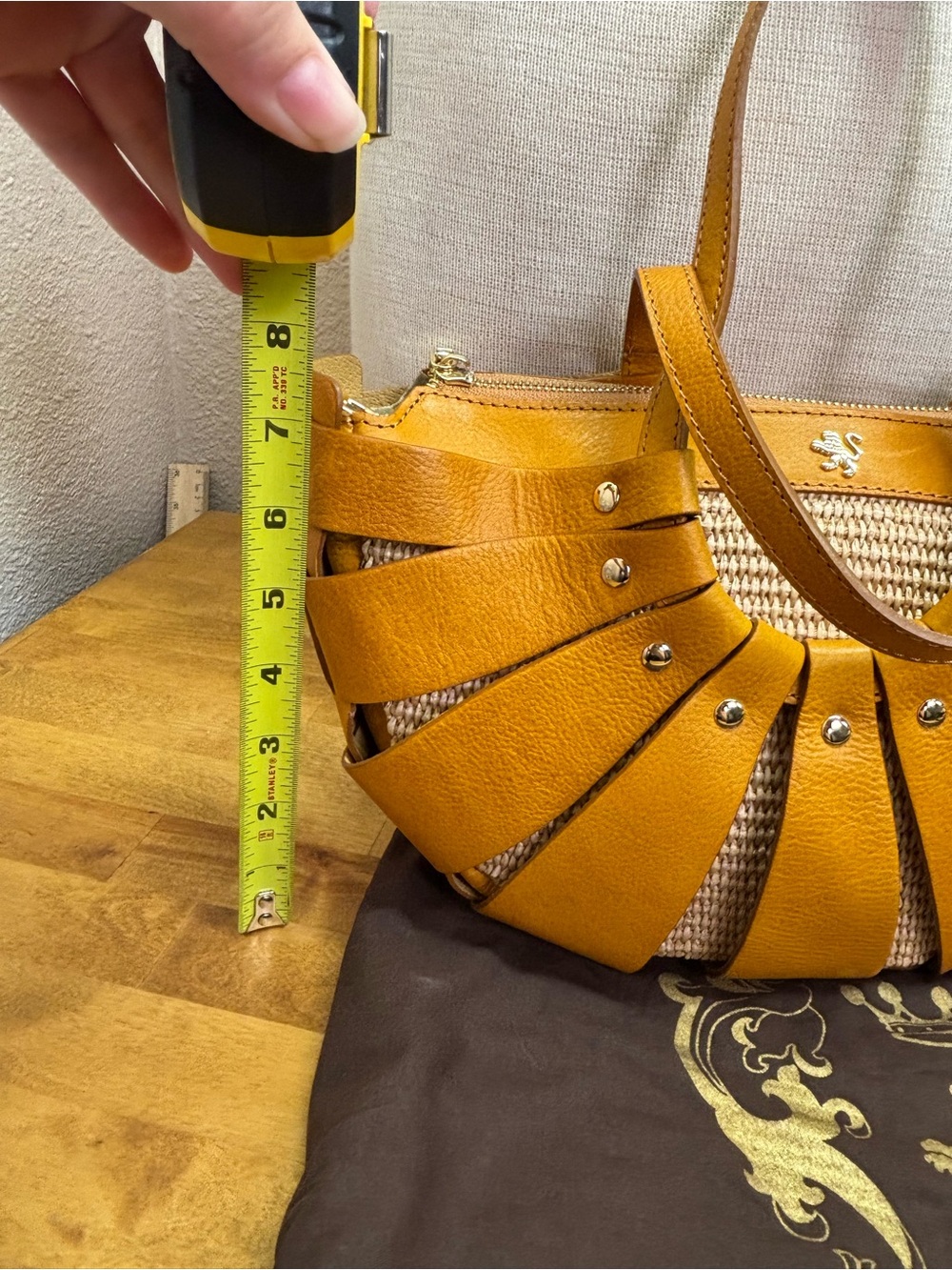 Pratesi Firenze Italian Leather Straw Fan Cage Satchel Shoulder Bag Yellow - Picture 14 of 15